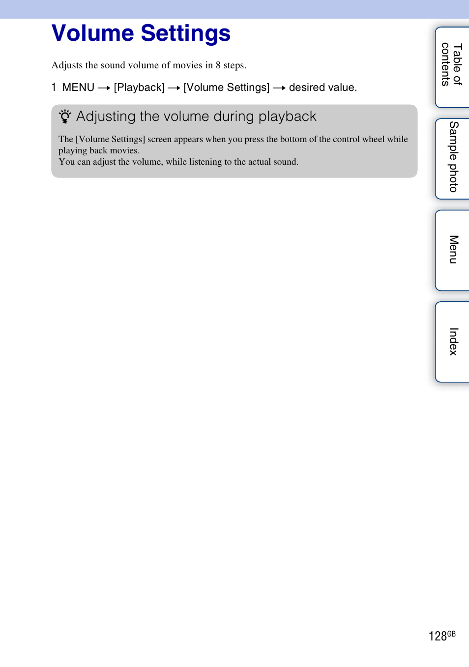 Volume settings, Adjusting the volume during playback | Sony NEX-5R User Manual | Page 128 / 247