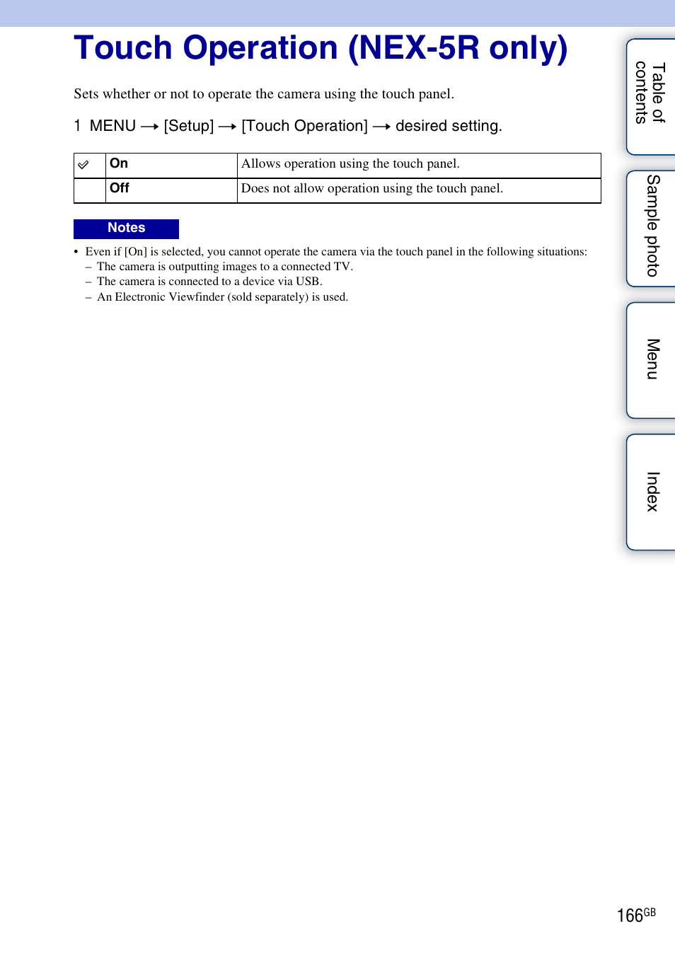 Touch operation (nex-5r only) | Sony NEX-5R User Manual | Page 166 / 247