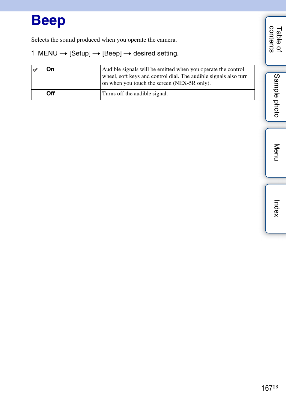 Beep | Sony NEX-5R User Manual | Page 167 / 247
