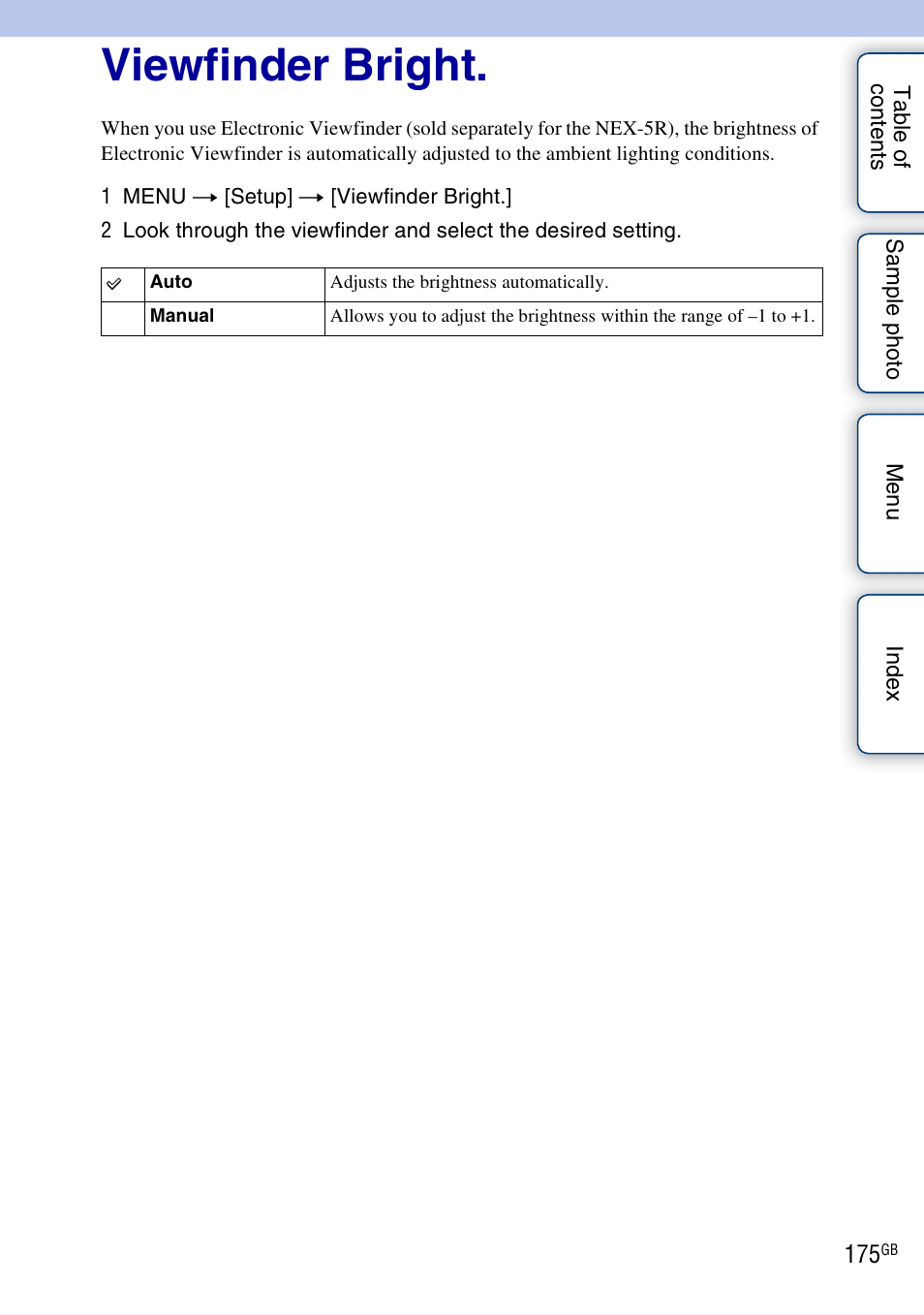 Viewfinder bright | Sony NEX-5R User Manual | Page 175 / 247