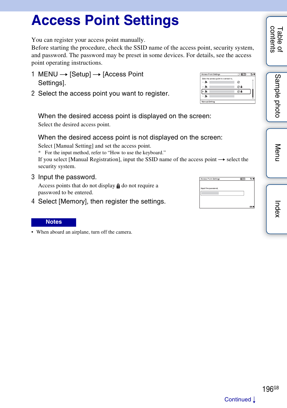 Access point settings | Sony NEX-5R User Manual | Page 196 / 247