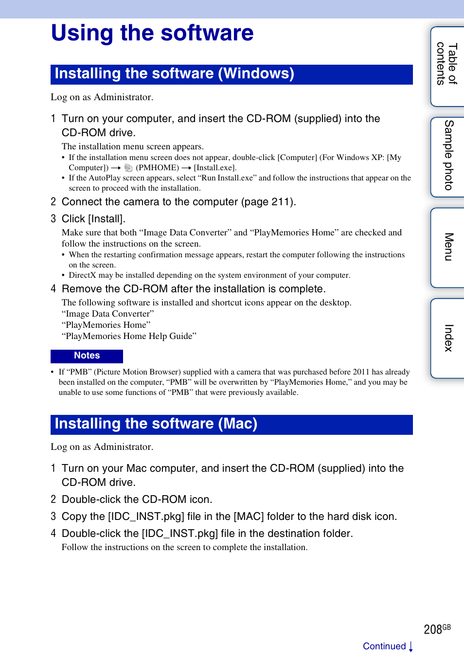 Using the software, Installing the software (windows), Installing the software (mac) | Sony NEX-5R User Manual | Page 208 / 247