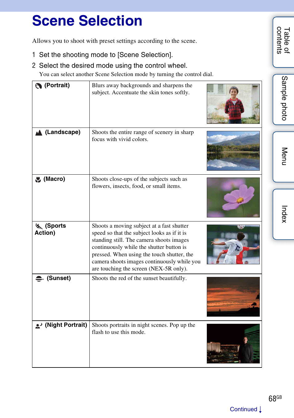 Scene selection, S (68), A by hand (68) | Sony NEX-5R User Manual | Page 68 / 247