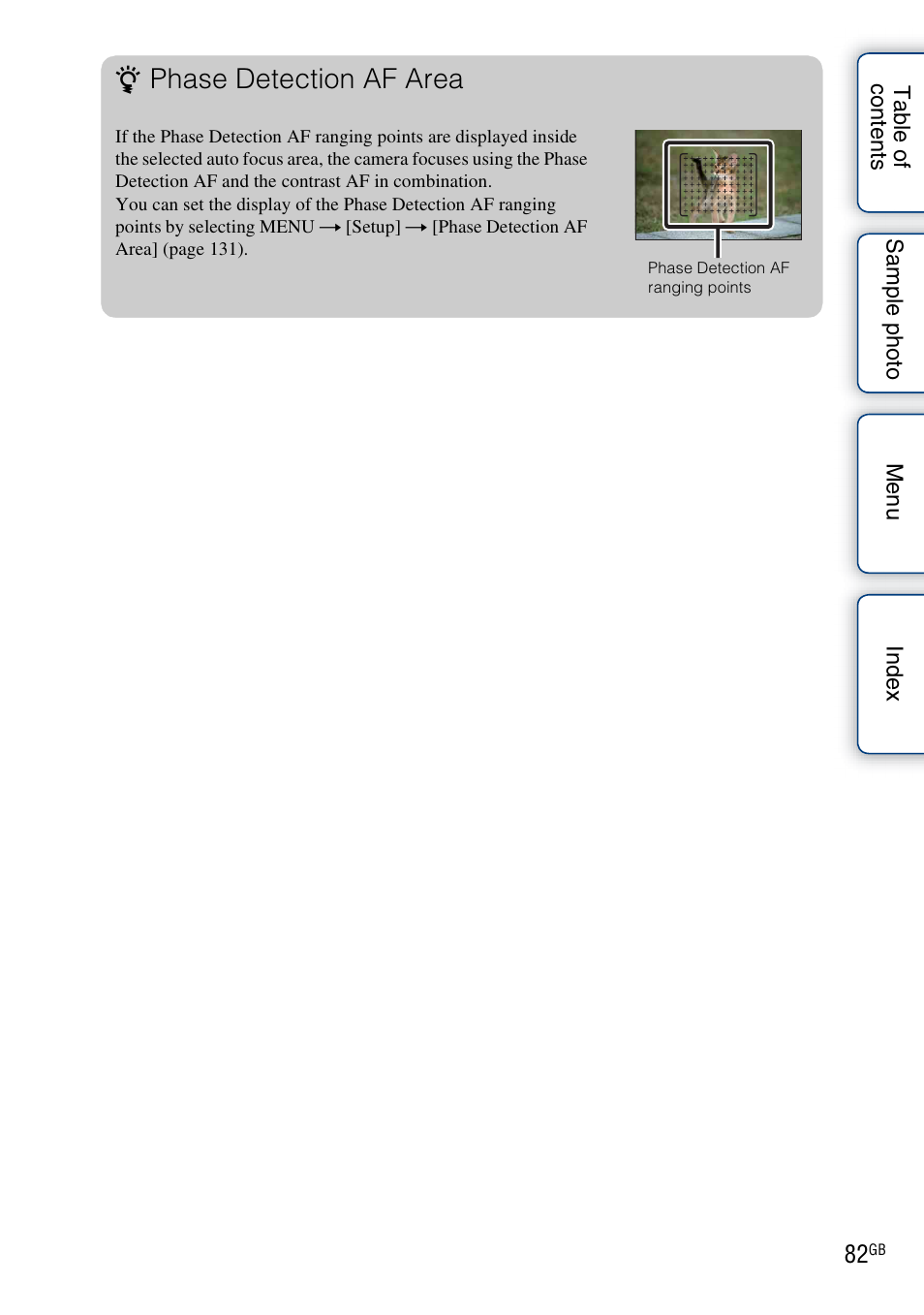 Phase detection af area | Sony NEX-5R User Manual | Page 82 / 247