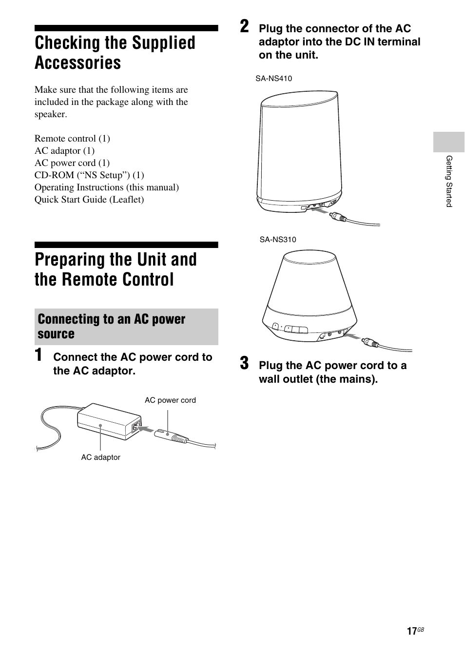 Checking the supplied accessories, Preparing the unit and the remote control, Connecting to an ac power source | Control connecting to an ac power source, Preparing the unit and the remote control 1 | Sony SA-NS310 User Manual | Page 17 / 60