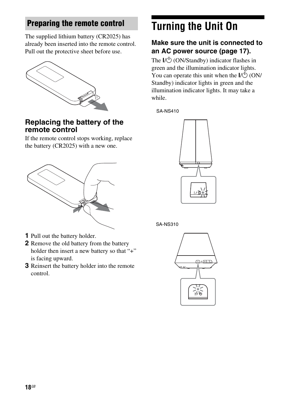 Preparing the remote control, Turning the unit on | Sony SA-NS310 User Manual | Page 18 / 60