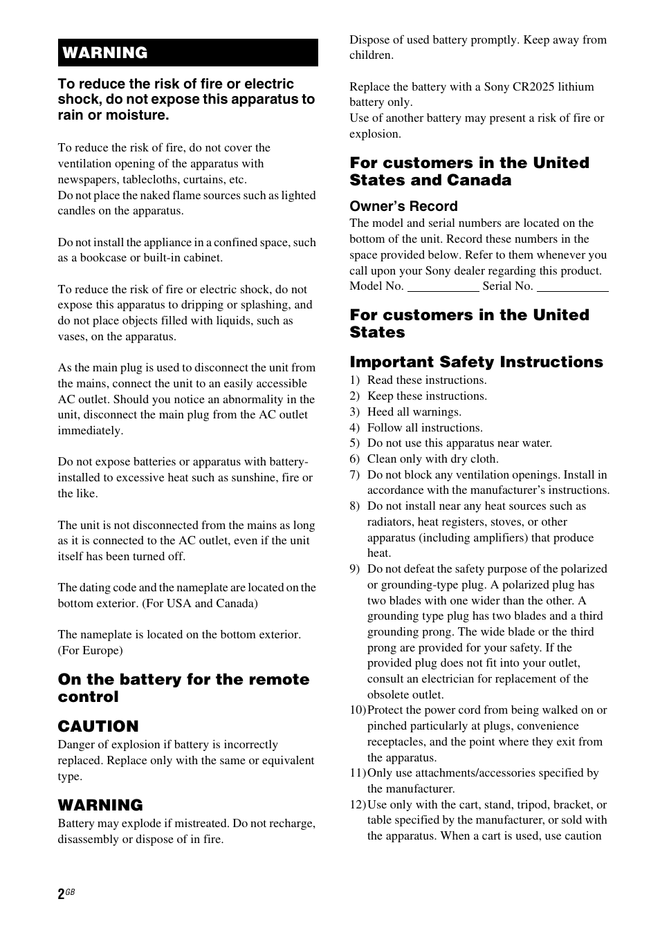 On the battery for the remote control caution, Warning, For customers in the united states and canada | Sony SA-NS310 User Manual | Page 2 / 60