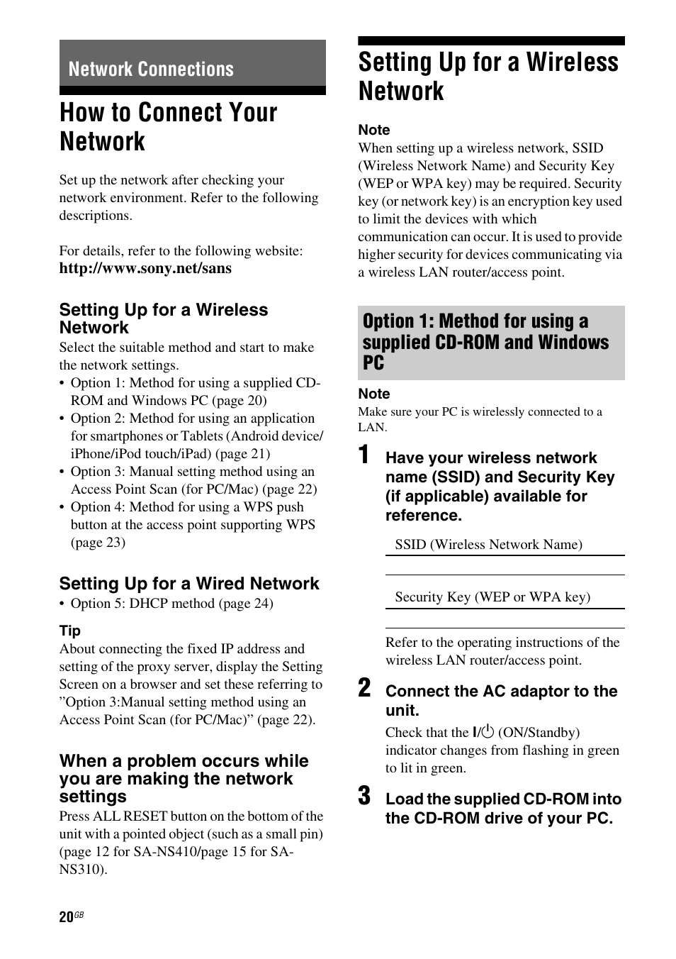 Network connections, How to connect your network, Setting up for a wireless network | Sony SA-NS310 User Manual | Page 20 / 60