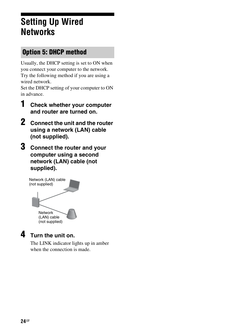 Setting up wired networks, Option 5: dhcp method | Sony SA-NS310 User Manual | Page 24 / 60