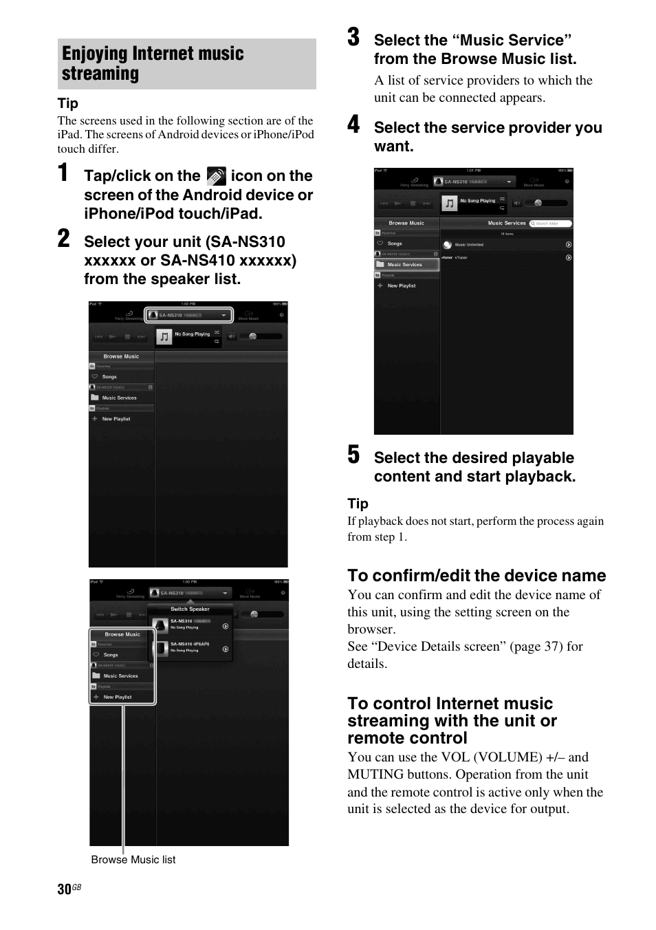 Enjoying internet music streaming | Sony SA-NS310 User Manual | Page 30 / 60