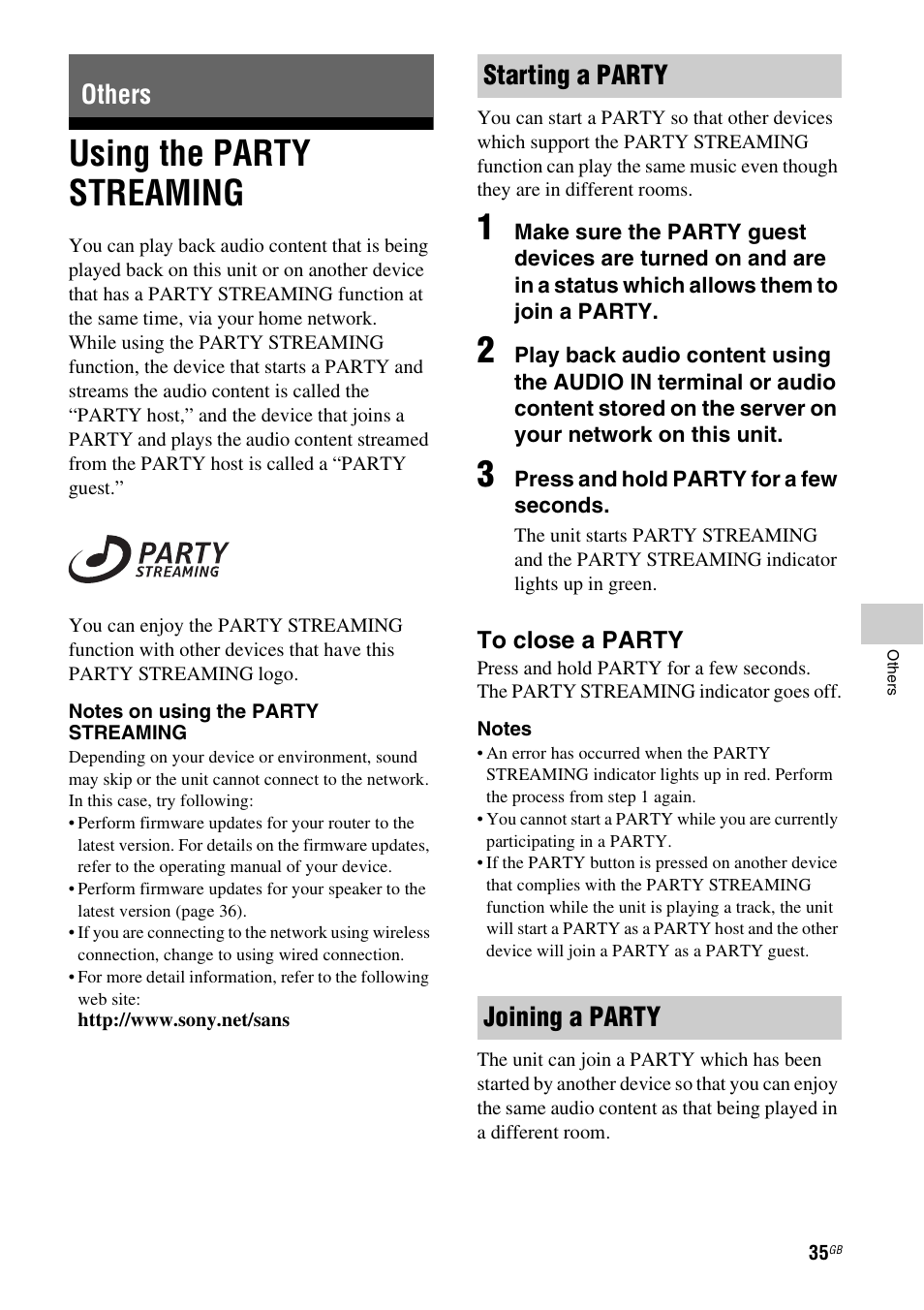 Others, Using the party streaming, Starting a party | Joining a party, Starting a party joining a party, Others starting a party joining a party | Sony SA-NS310 User Manual | Page 35 / 60