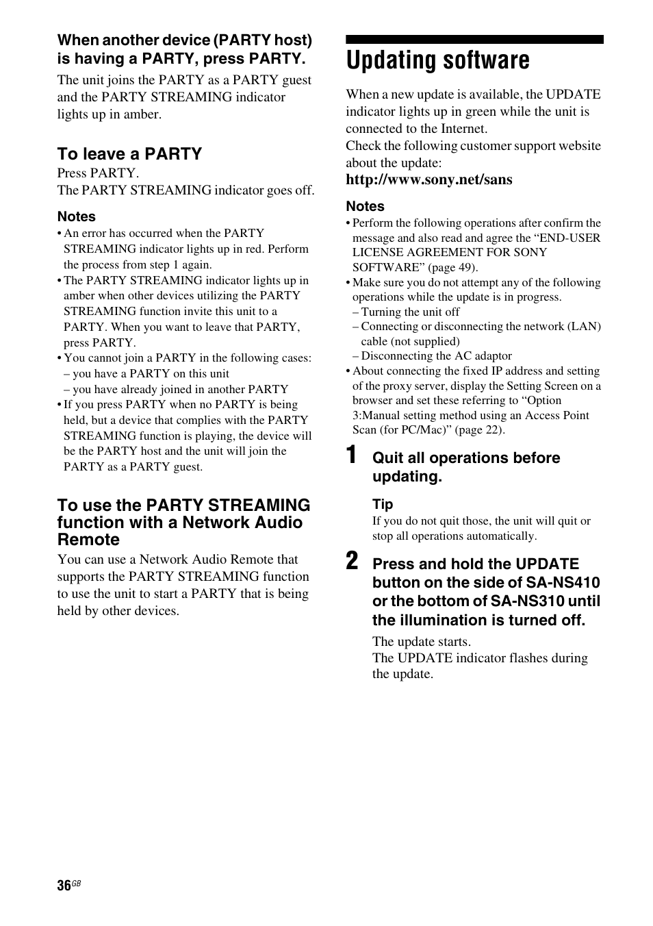 Updating software | Sony SA-NS310 User Manual | Page 36 / 60