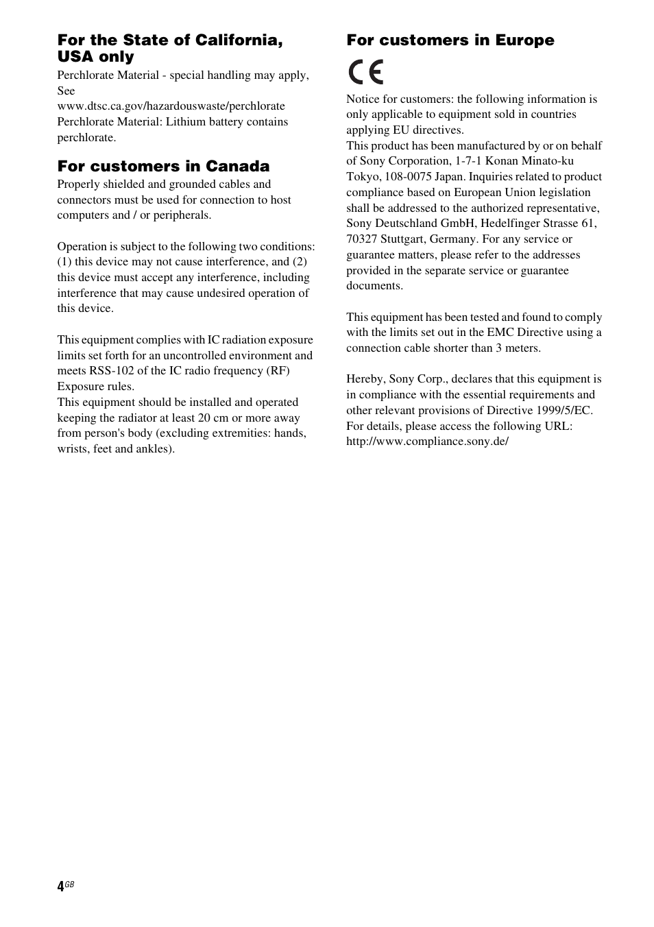 For the state of california, usa only, For customers in canada, For customers in europe | Sony SA-NS310 User Manual | Page 4 / 60