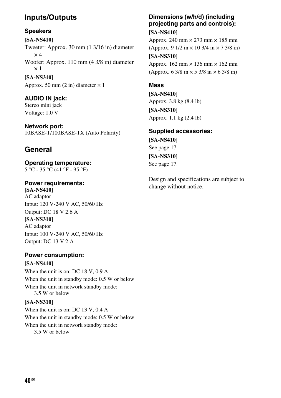 Inputs/outputs, General | Sony SA-NS310 User Manual | Page 40 / 60