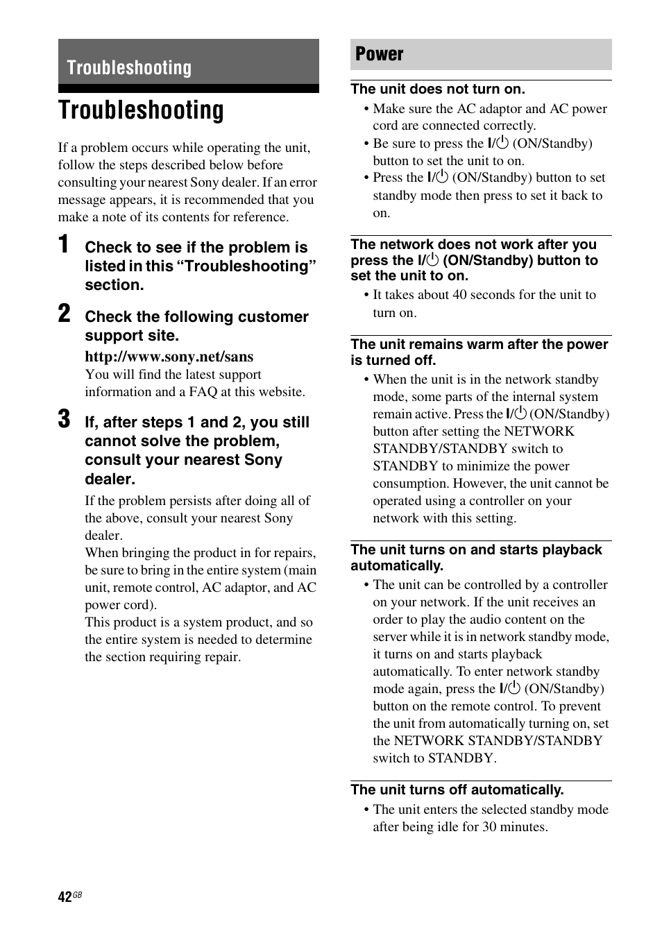 Troubleshooting, Troubleshooting power | Sony SA-NS310 User Manual | Page 42 / 60