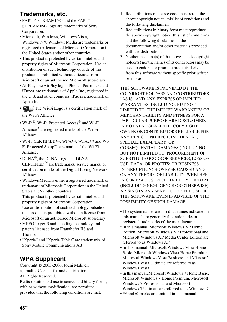 Trademarks, etc, Wpa supplicant | Sony SA-NS310 User Manual | Page 48 / 60