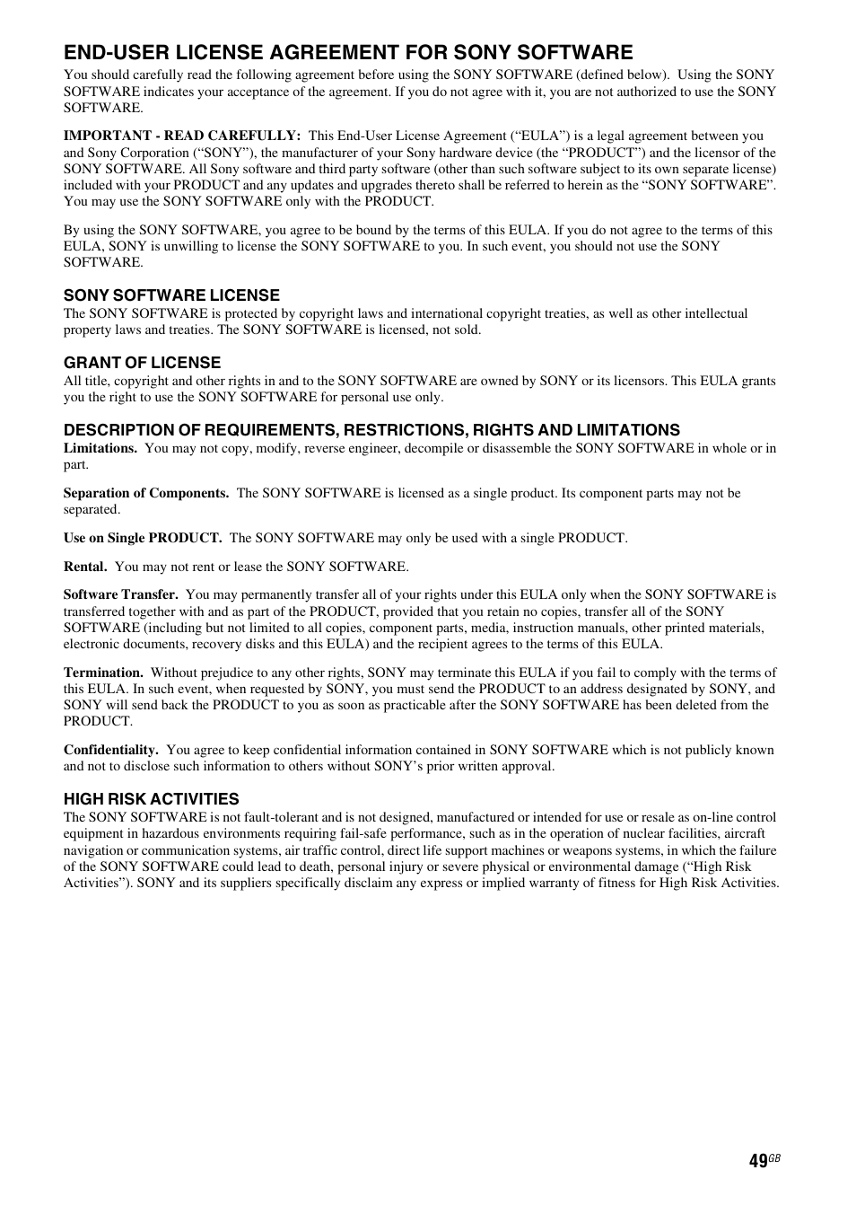 End-user license agreement for sony software | Sony SA-NS310 User Manual | Page 49 / 60