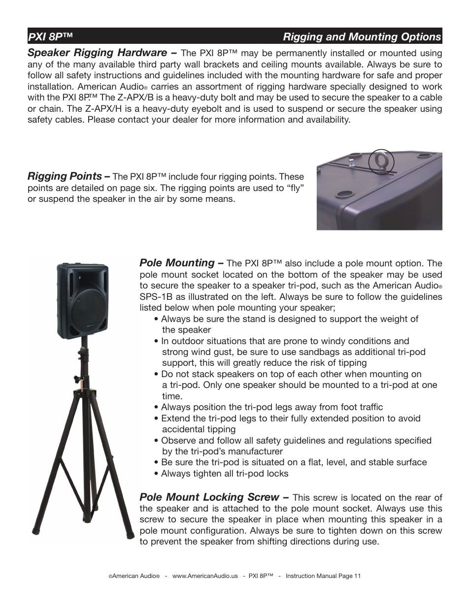 Rigging points, Pole mounting, Pole mount locking screw | American Audio PXI 8P User Manual | Page 11 / 16