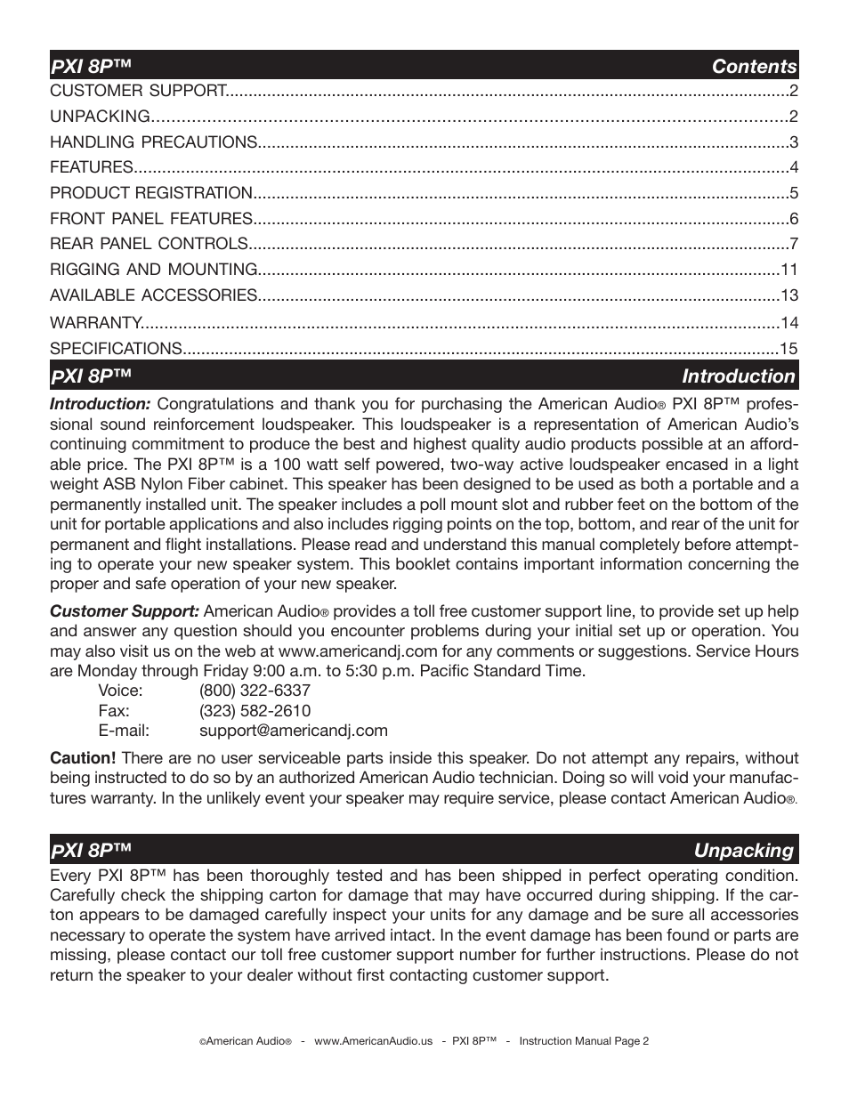 American Audio PXI 8P User Manual | Page 2 / 16