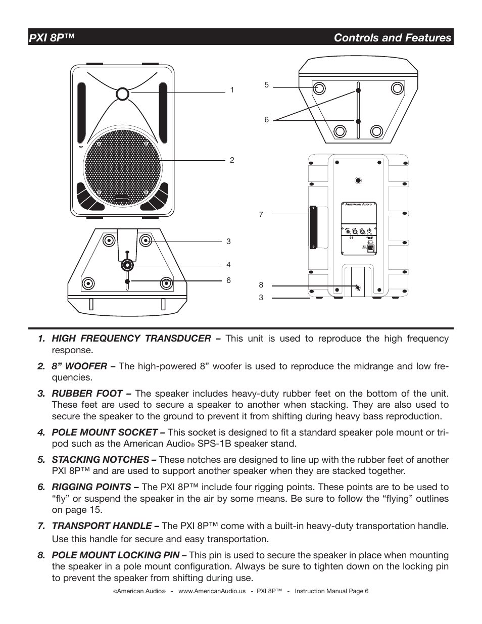 Pxi 8p™ controls and features | American Audio PXI 8P User Manual | Page 6 / 16