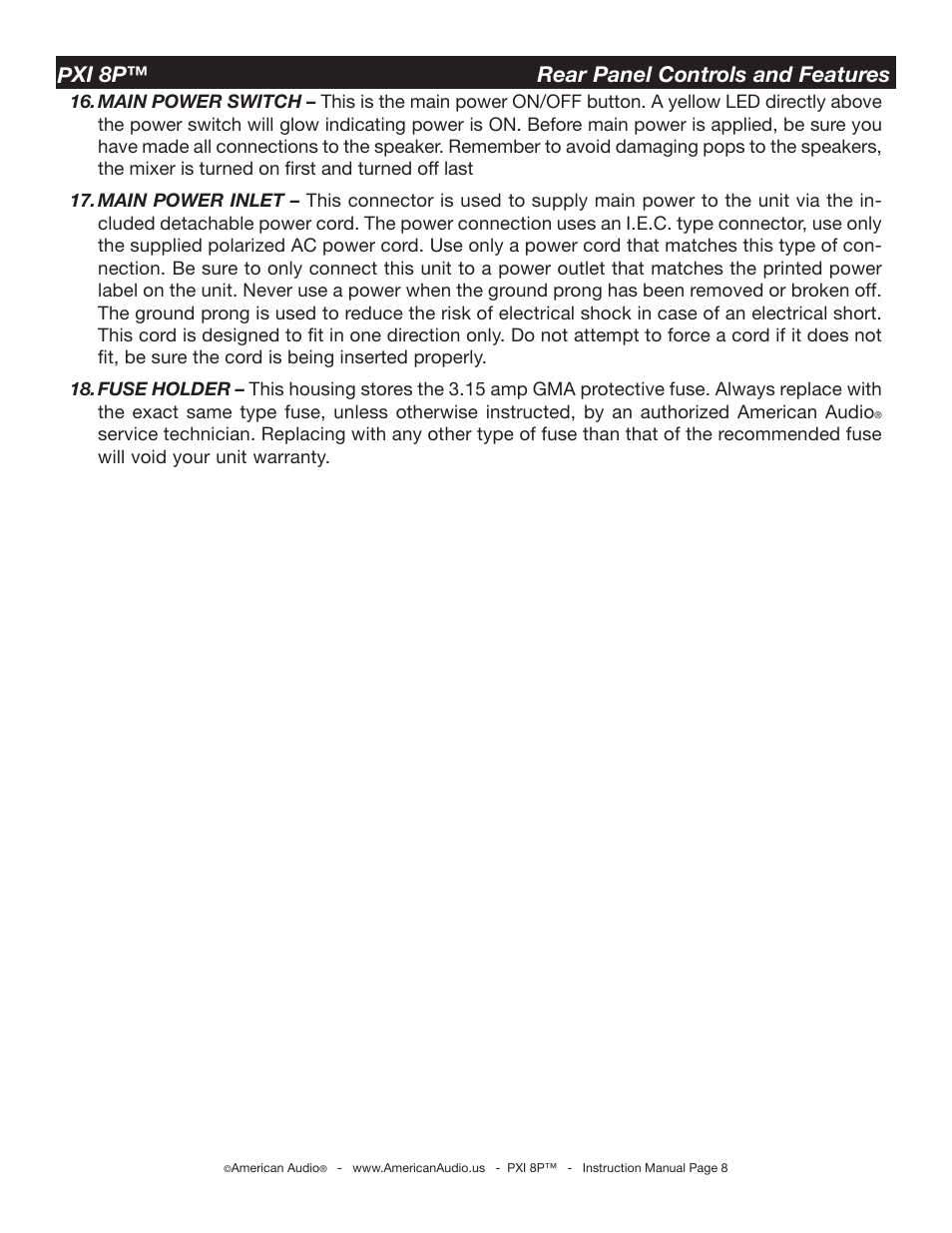 Pxi 8p™ rear panel controls and features | American Audio PXI 8P User Manual | Page 8 / 16