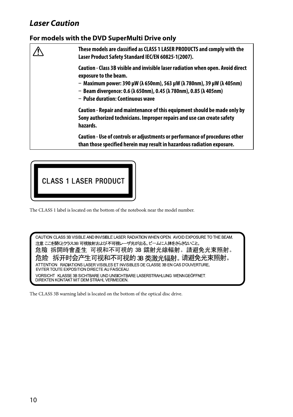 Laser caution | Sony VAIO VPCSA Series User Manual | Page 10 / 44