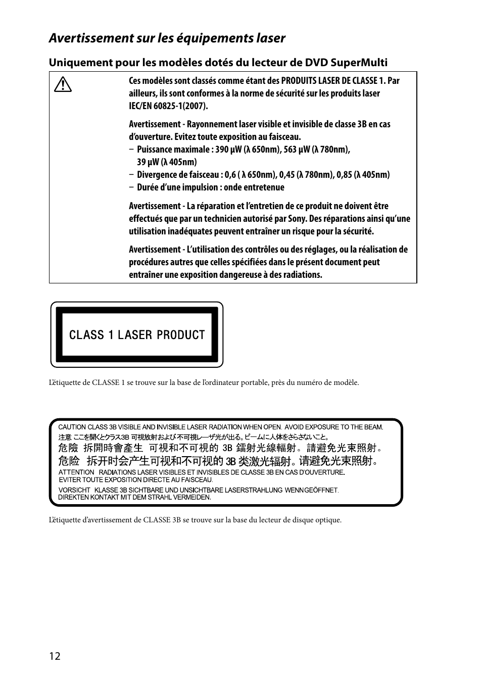 Avertissement sur les équipements laser | Sony VAIO VPCSA Series User Manual | Page 12 / 44