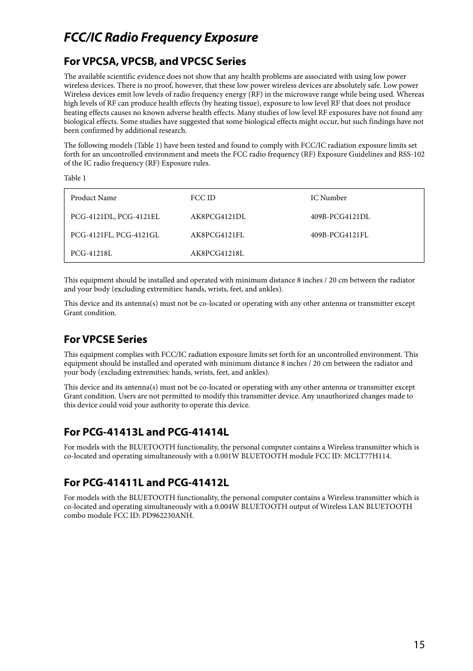 Fcc/ic radio frequency exposure, For vpcsa, vpcsb, and vpcsc series, For vpcse series | Sony VAIO VPCSA Series User Manual | Page 15 / 44