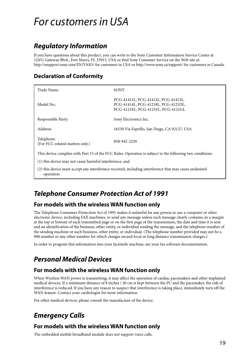 For customers in usa, Regulatory information, Telephone consumer protection act of 1991 | Personal medical devices, Emergency calls, Declaration of conformity, For models with the wireless wan function only | Sony VAIO VPCSA Series User Manual | Page 19 / 44