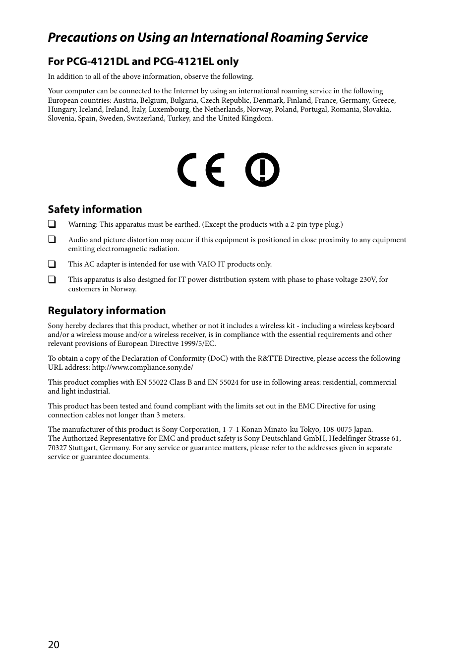 Safety information, Regulatory information | Sony VAIO VPCSA Series User Manual | Page 20 / 44
