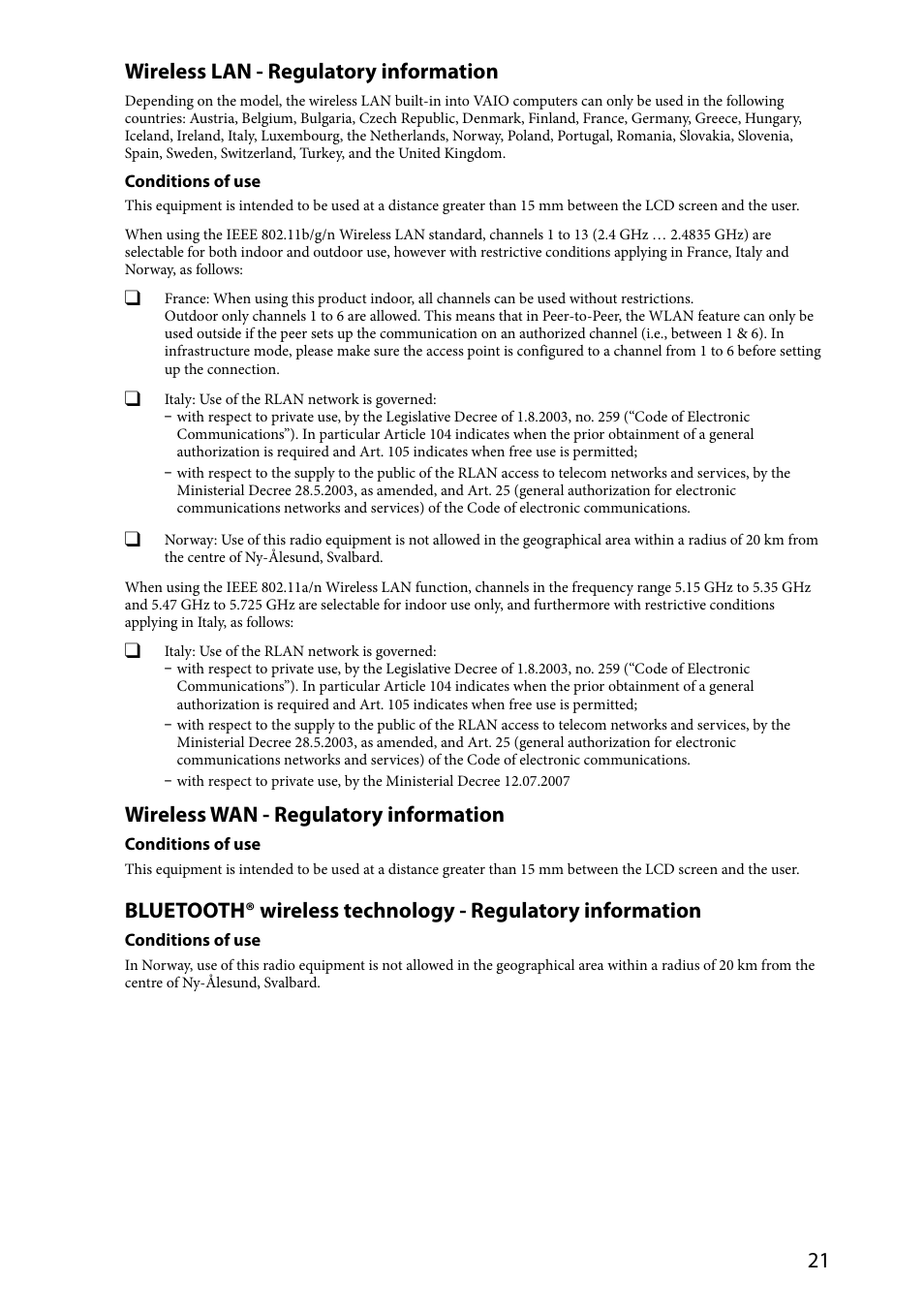 21 wireless lan - regulatory information, Wireless wan - regulatory information | Sony VAIO VPCSA Series User Manual | Page 21 / 44
