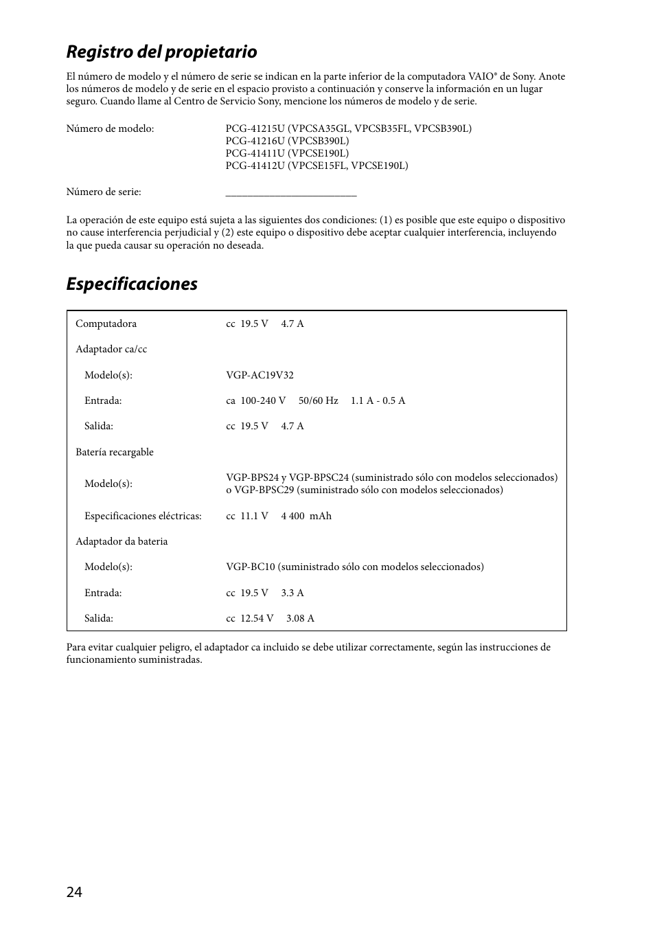 Registro del propietario, Especificaciones | Sony VAIO VPCSA Series User Manual | Page 24 / 44