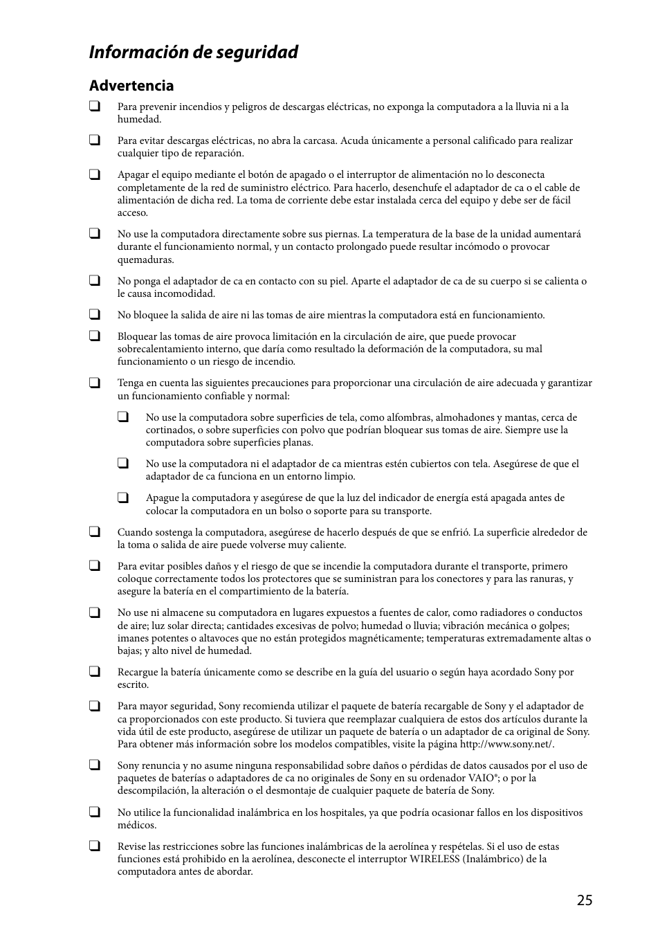 Información de seguridad, Advertencia | Sony VAIO VPCSA Series User Manual | Page 25 / 44