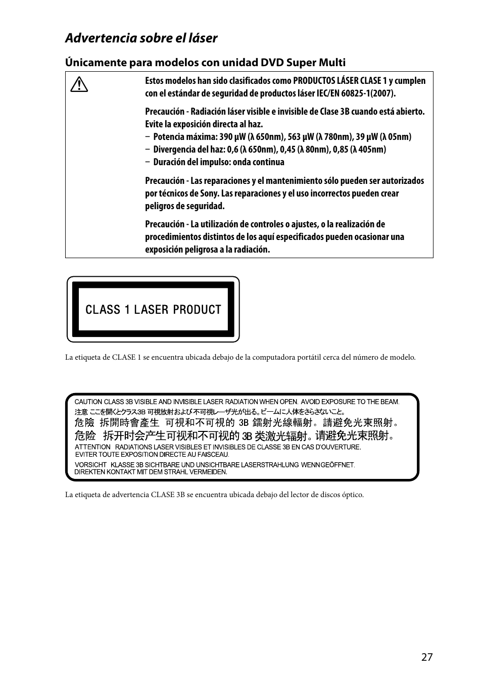 Advertencia sobre el láser | Sony VAIO VPCSA Series User Manual | Page 27 / 44