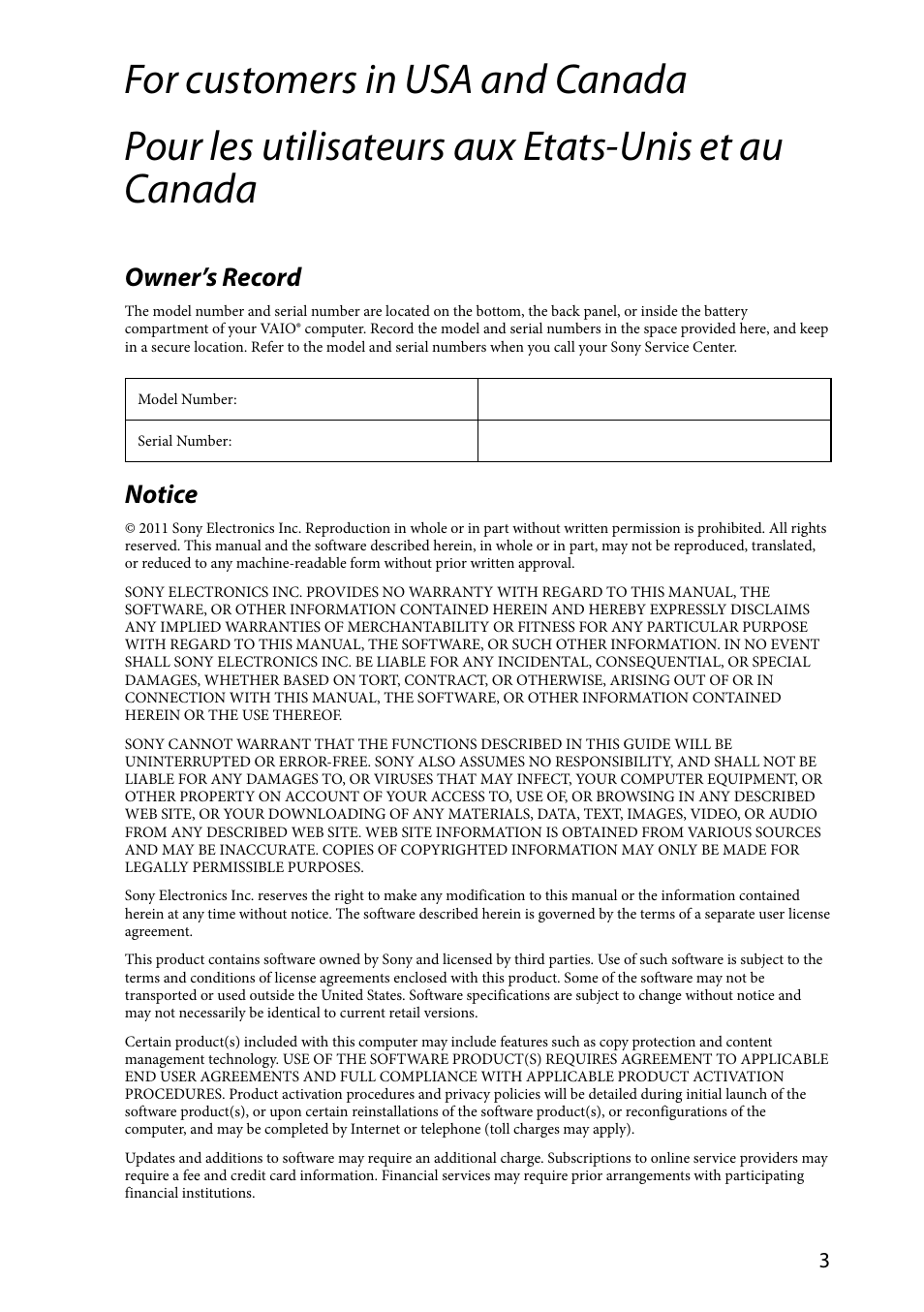 Owner’s record, Notice | Sony VAIO VPCSA Series User Manual | Page 3 / 44