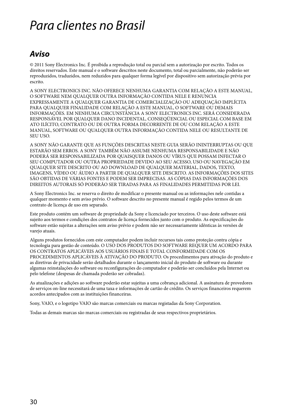 Para clientes no brasil, Aviso | Sony VAIO VPCSA Series User Manual | Page 30 / 44