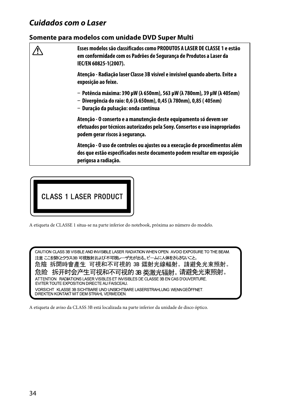 Cuidados com o laser | Sony VAIO VPCSA Series User Manual | Page 34 / 44