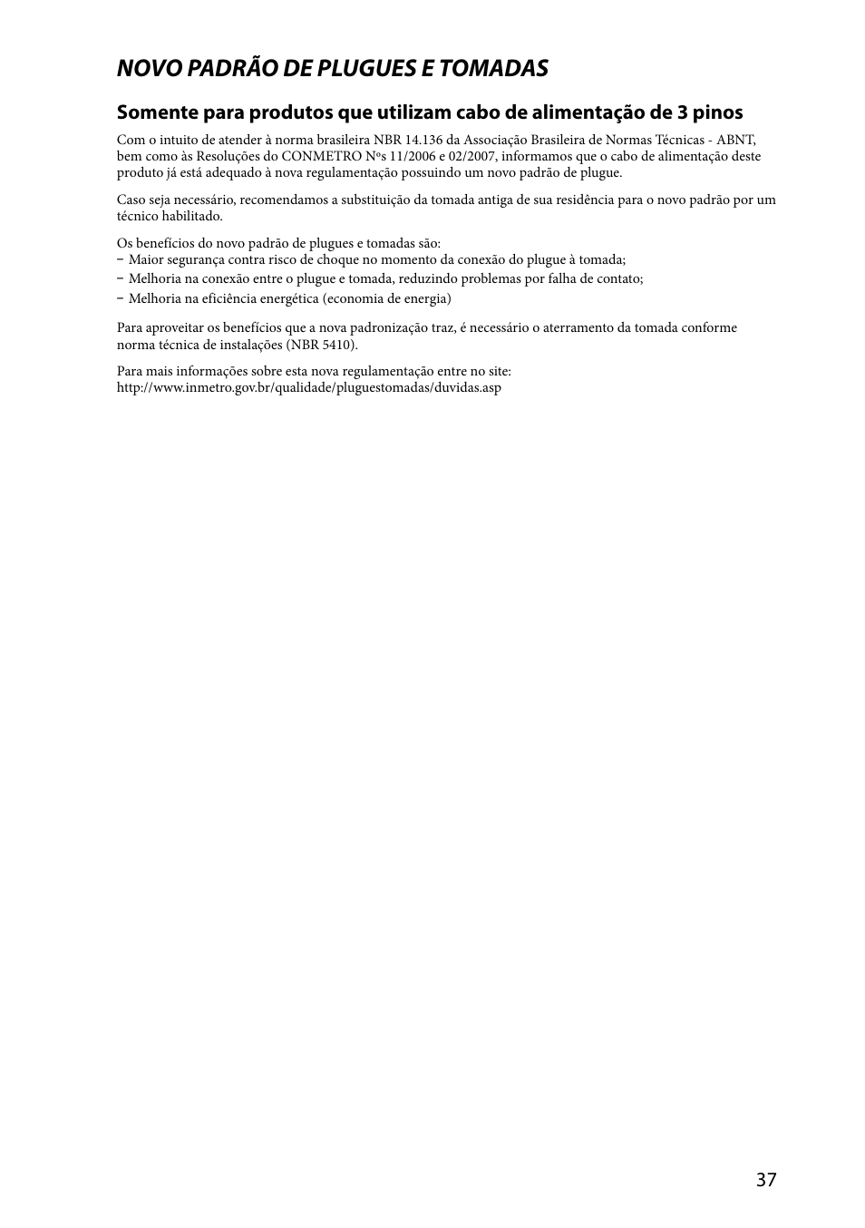 Novo padrão de plugues e tomadas | Sony VAIO VPCSA Series User Manual | Page 37 / 44