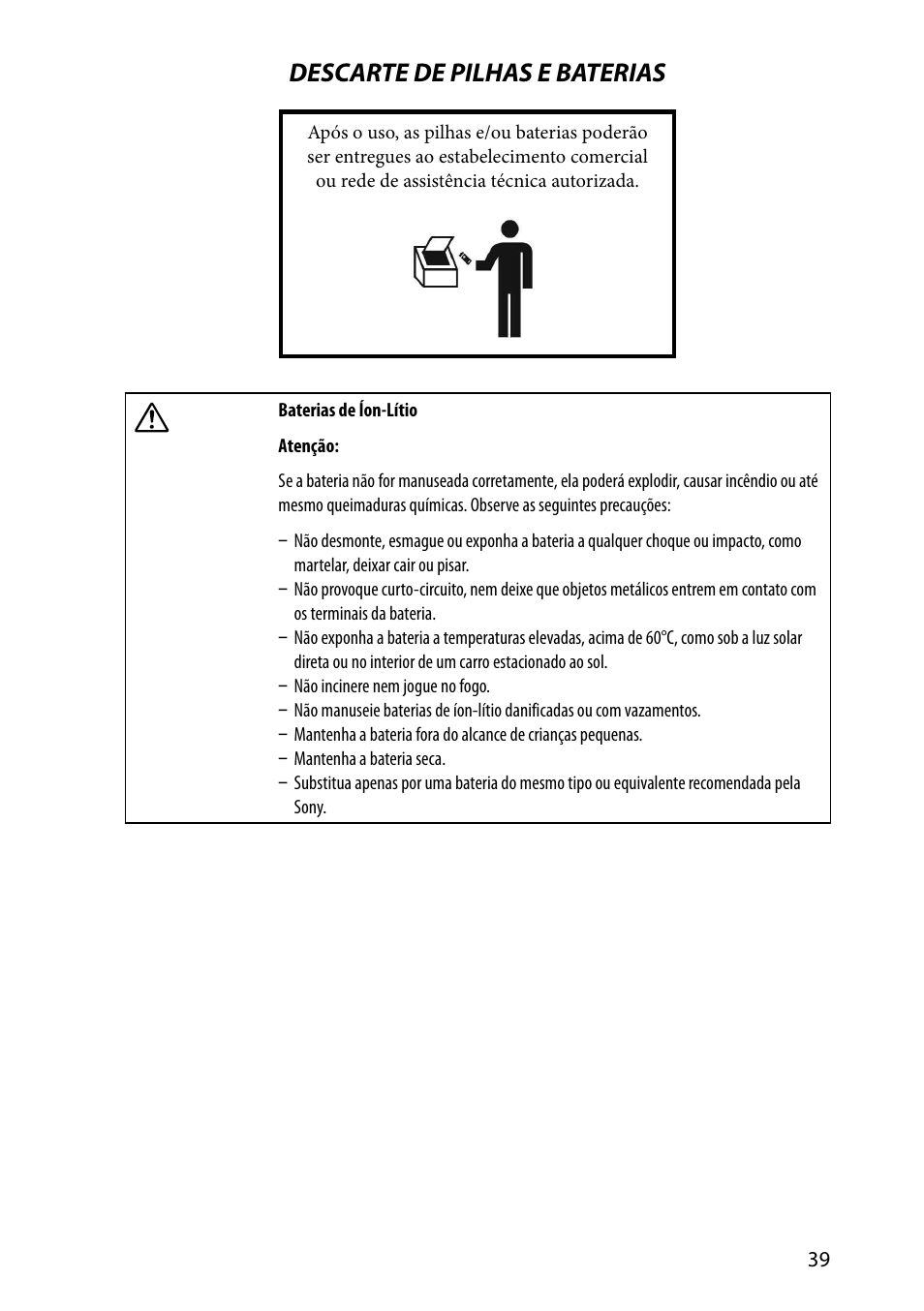 Descarte de pilhas e baterias | Sony VAIO VPCSA Series User Manual | Page 39 / 44