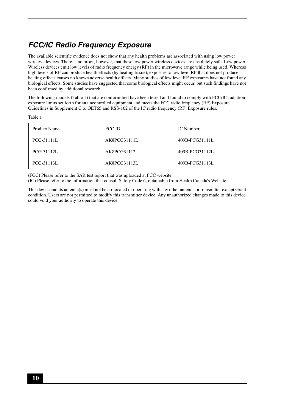 Fcc/ic radio frequency exposure | Sony VPCZ125GX User Manual | Page 10 / 24