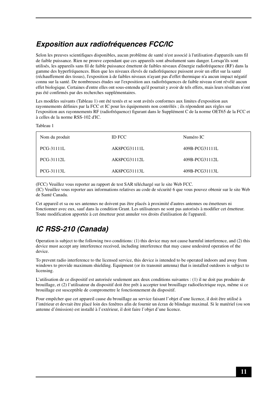 Exposition aux radiofréquences fcc/ic, Ic rss-210 (canada) | Sony VPCZ125GX User Manual | Page 11 / 24