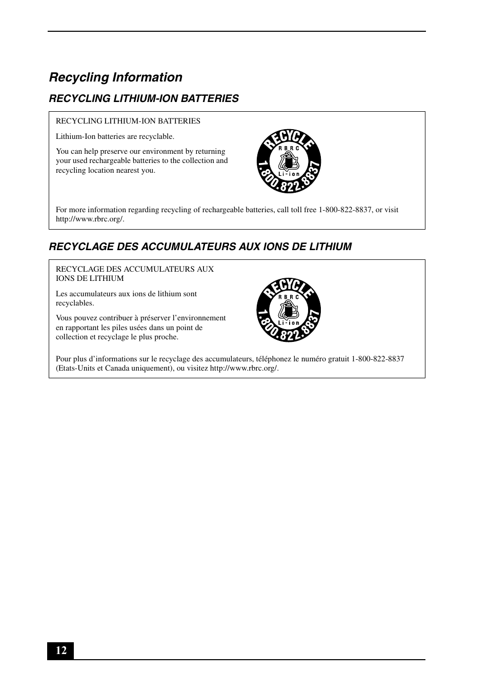 Recycling information | Sony VPCZ125GX User Manual | Page 12 / 24