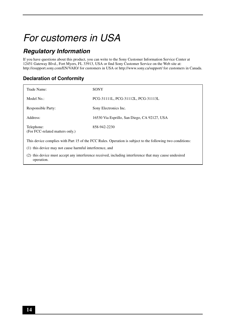 For customers in usa, Regulatory information | Sony VPCZ125GX User Manual | Page 14 / 24