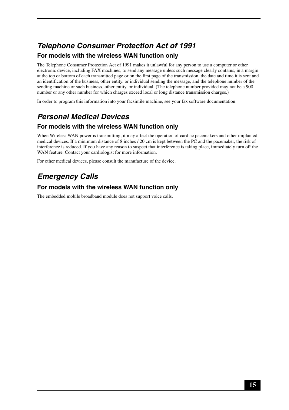 Telephone consumer protection act of 1991, Personal medical devices, Emergency calls | Sony VPCZ125GX User Manual | Page 15 / 24