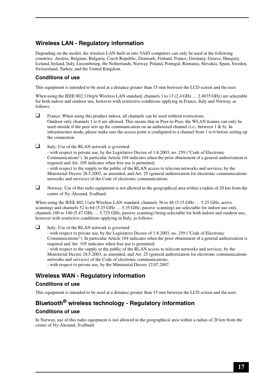 Wireless lan - regulatory information, Wireless wan - regulatory information, Bluetooth | Wireless technology - regulatory information | Sony VPCZ125GX User Manual | Page 17 / 24
