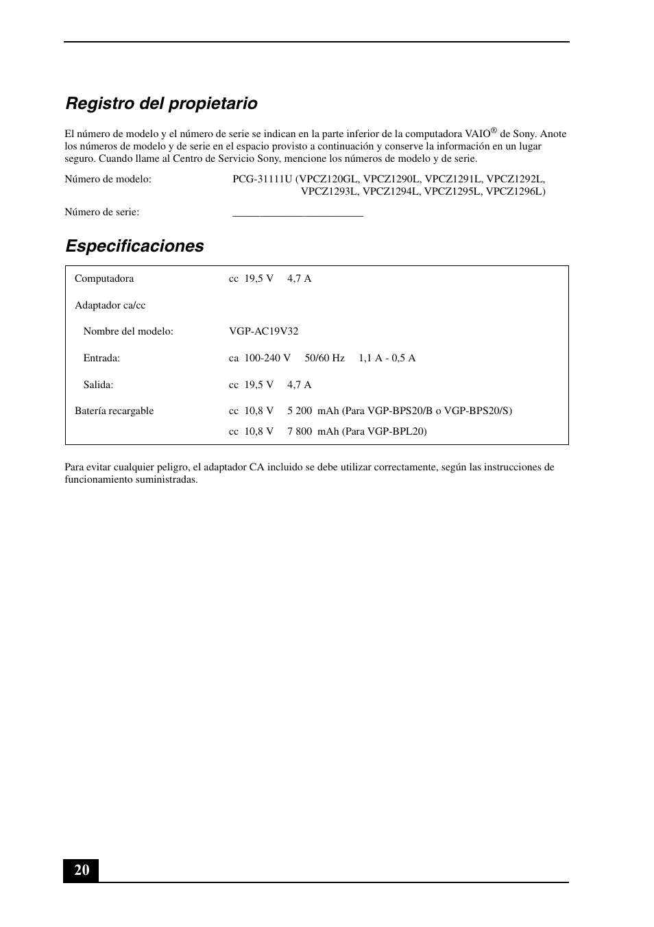 Registro del propietario, Especificaciones | Sony VPCZ125GX User Manual | Page 20 / 24