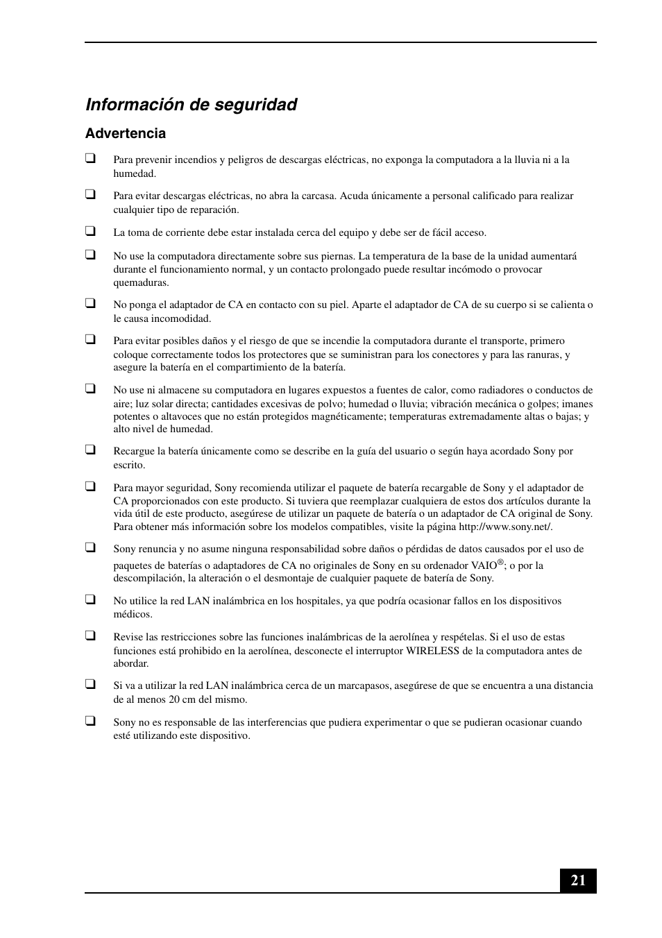 Información de seguridad | Sony VPCZ125GX User Manual | Page 21 / 24