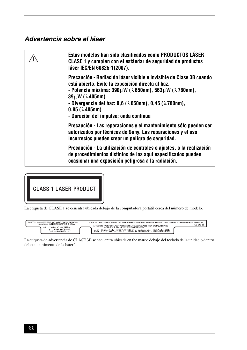 Advertencia sobre el láser | Sony VPCZ125GX User Manual | Page 22 / 24