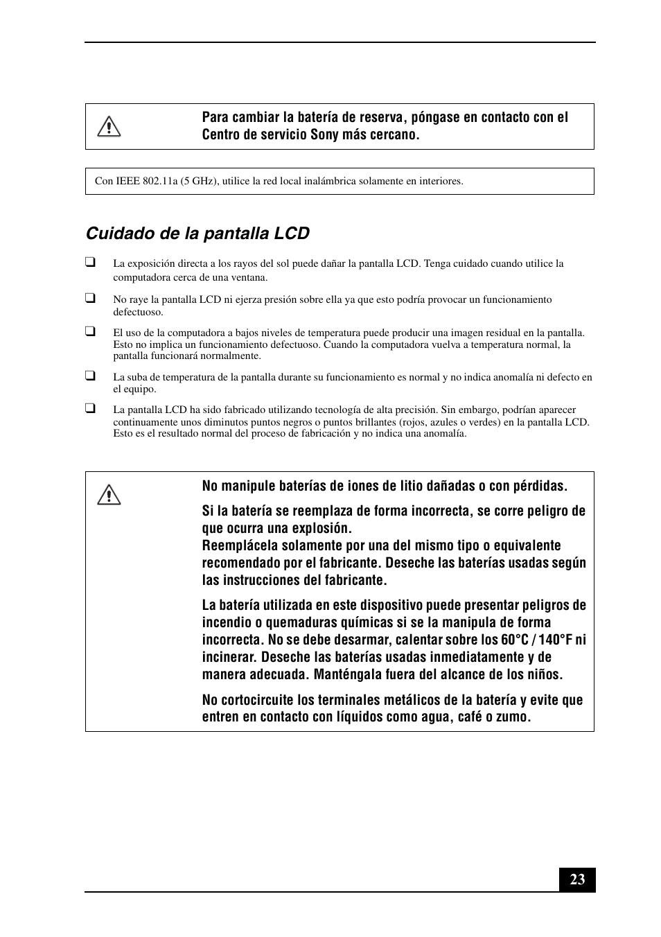 Cuidado de la pantalla lcd | Sony VPCZ125GX User Manual | Page 23 / 24