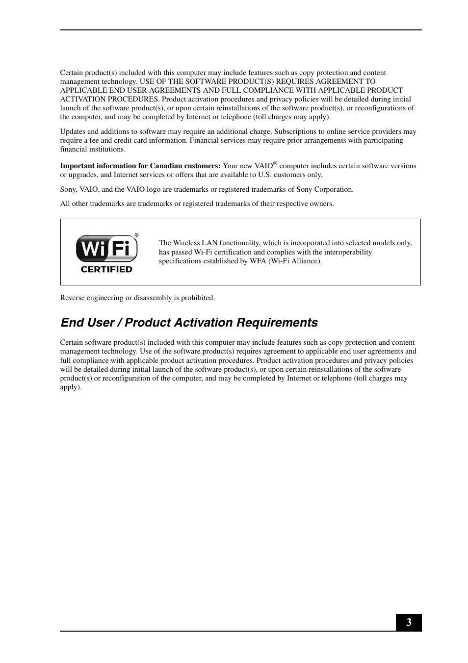 End user / product activation requirements | Sony VPCZ125GX User Manual | Page 3 / 24